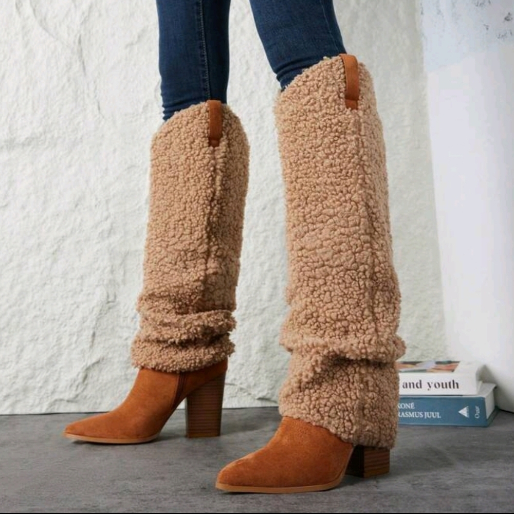 Women Knee High Boots Western Cowboy Boots Chunky Heel Warm Boots Slouch Tall - Picture 2 of 5